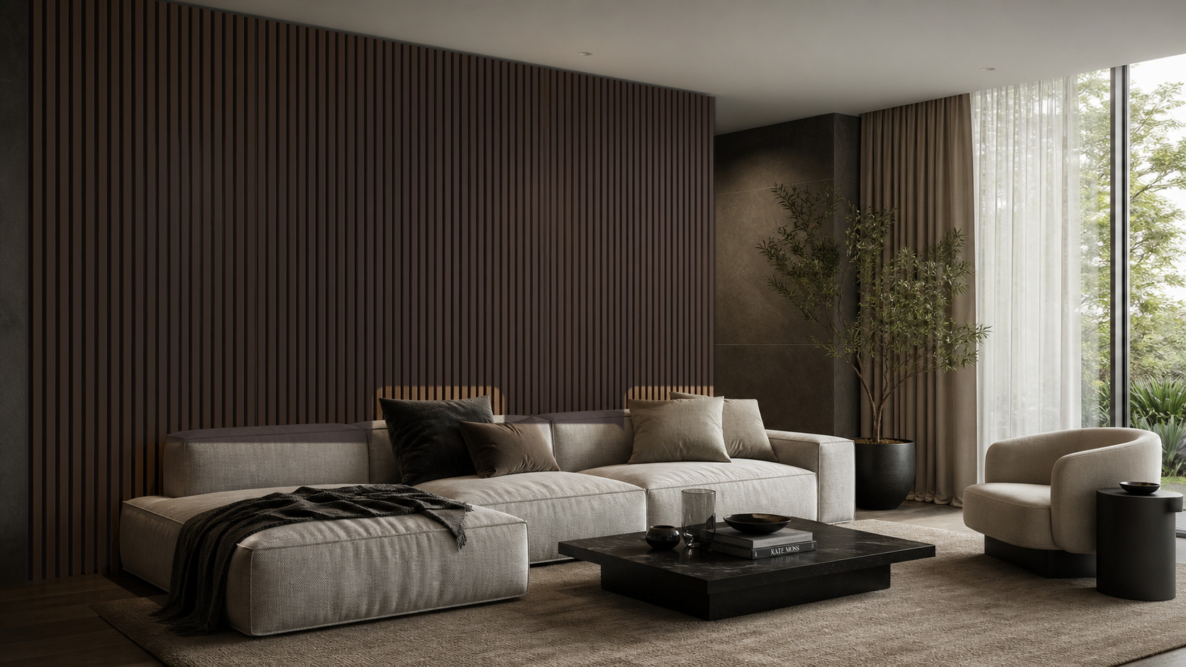 Living room preview with Dark Timber Heriton Acoustic Panel feature wall