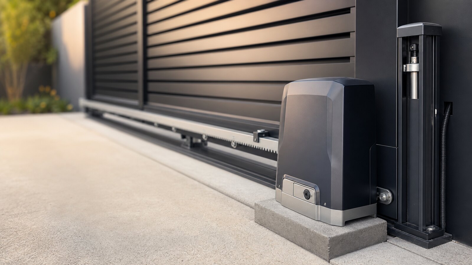 Automatic sliding gate motor and track detail beside a black aluminium gate