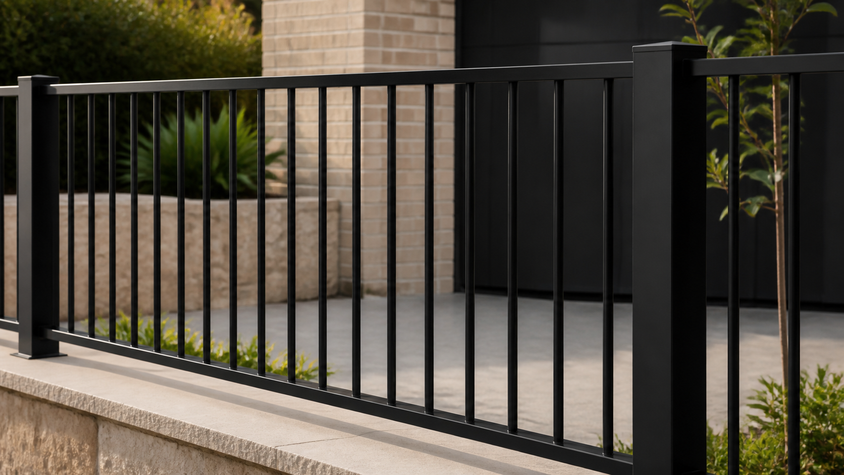 Close view of black flat top aluminium fence rails and vertical tube pickets