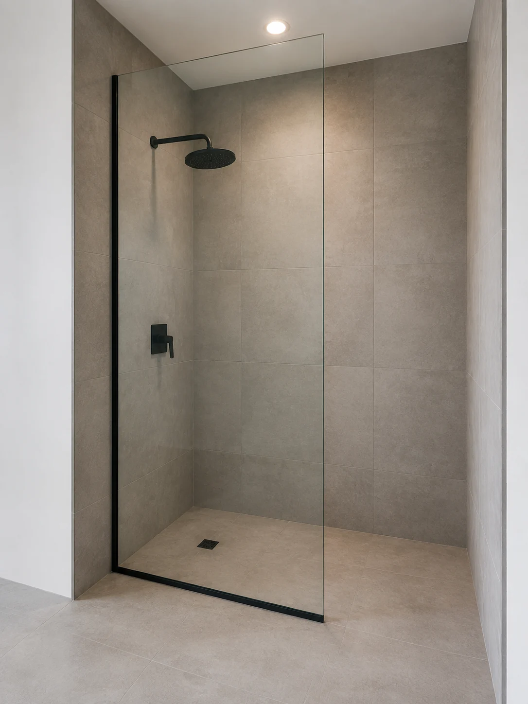 Fixed clear glass walk-in shower screen secured in black wall and floor channels