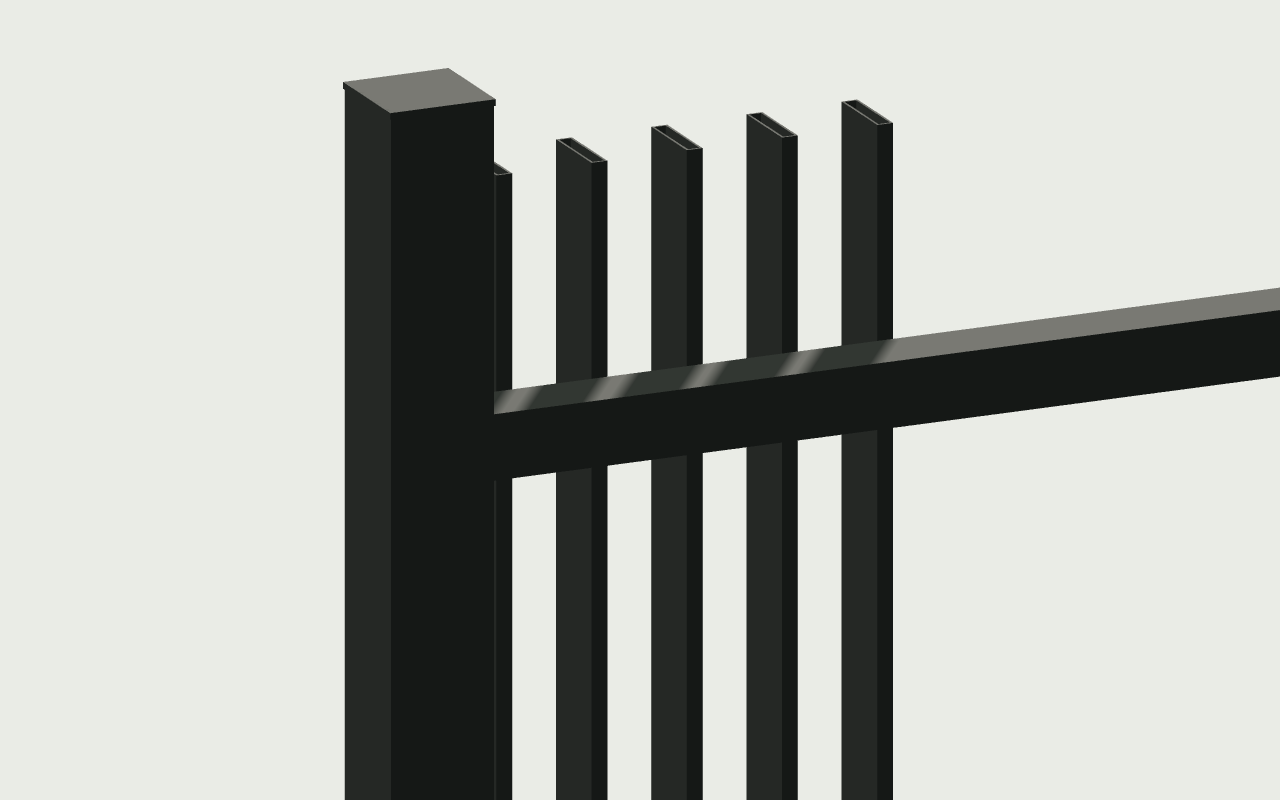 Rear rail and post connection on the 50 × 10 mm blade fence model