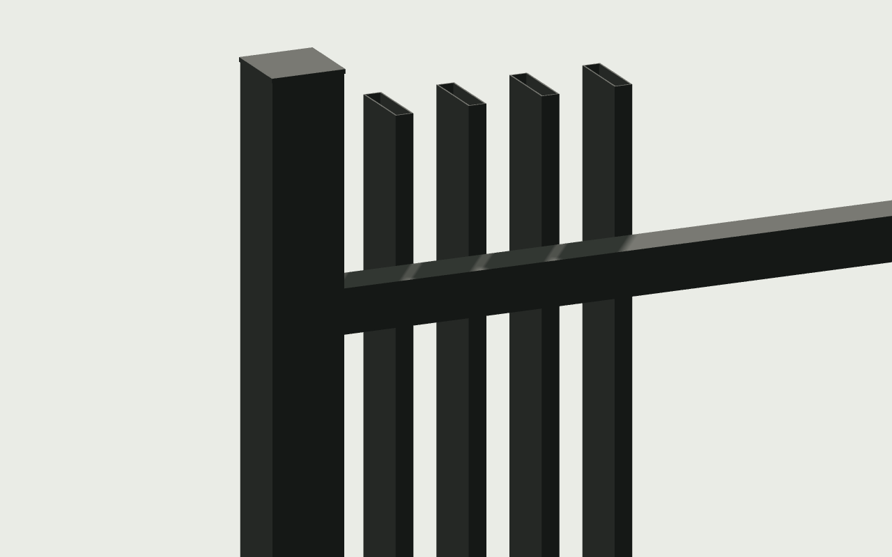 Rear rail and post connection on the 65 × 16 mm blade fence model