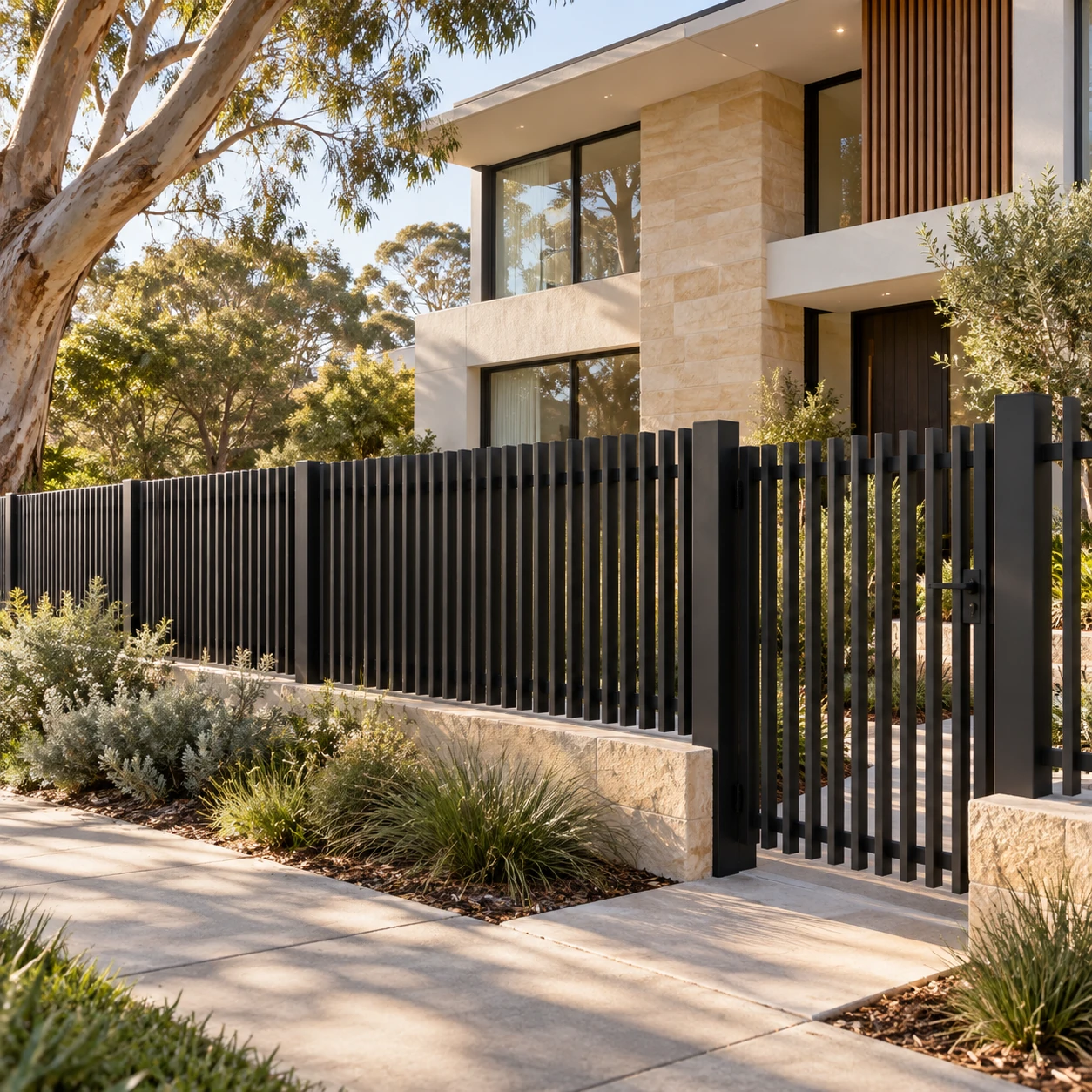 Architectural black blade fencing across a contemporary Australian front garden