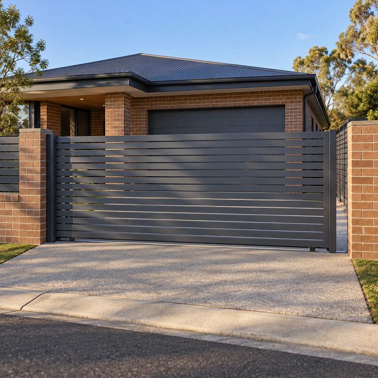Sliding driveway gate design visualisation with slat infill