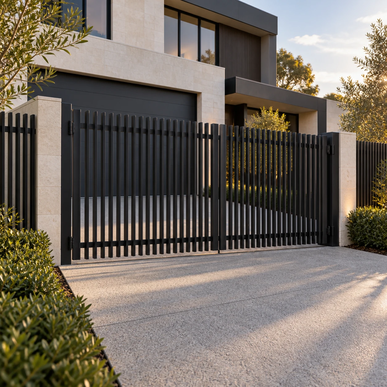 Double swing blade driveway gate at an Australian home