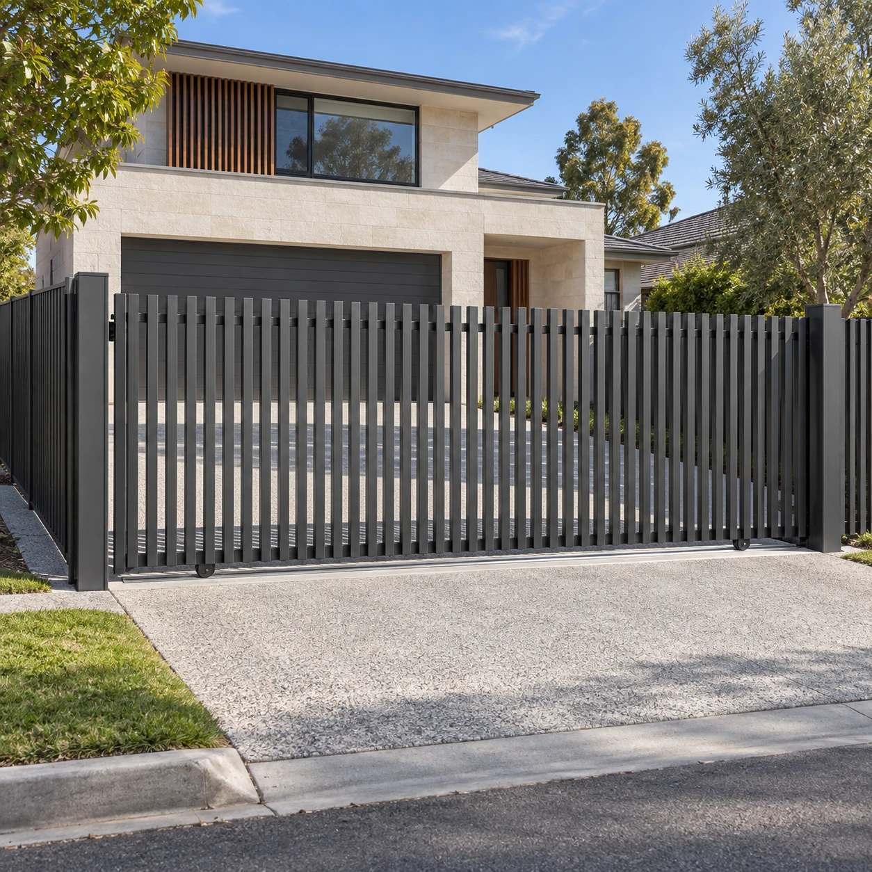 Sliding driveway gate design visualisation with blade infill