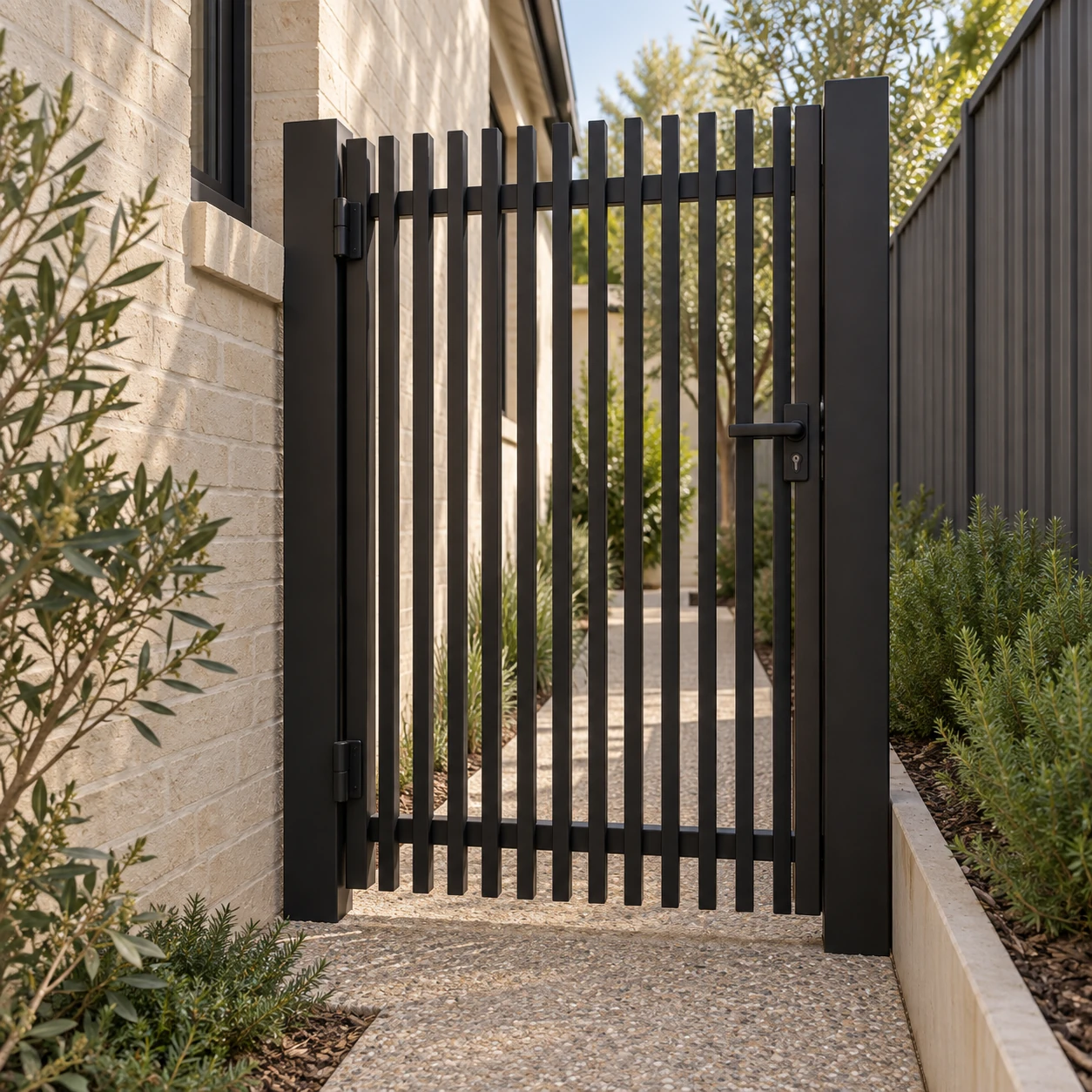 Matching blade side gate with hinges and a latch
