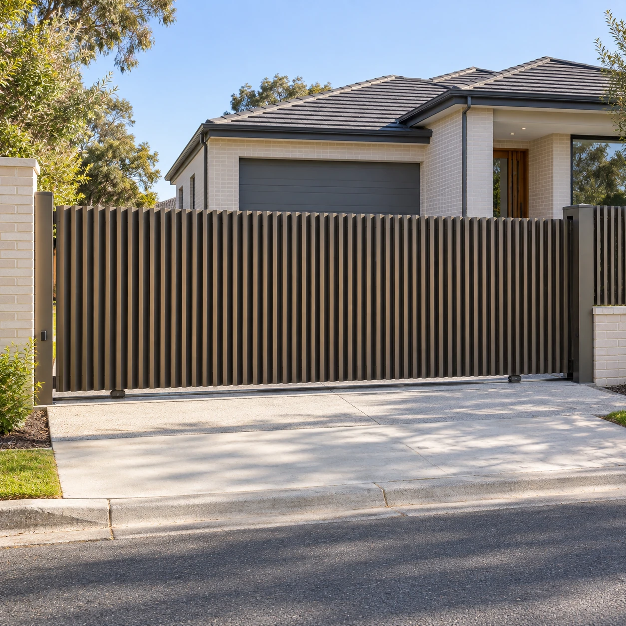 Sliding driveway gate design visualisation with louvre infill