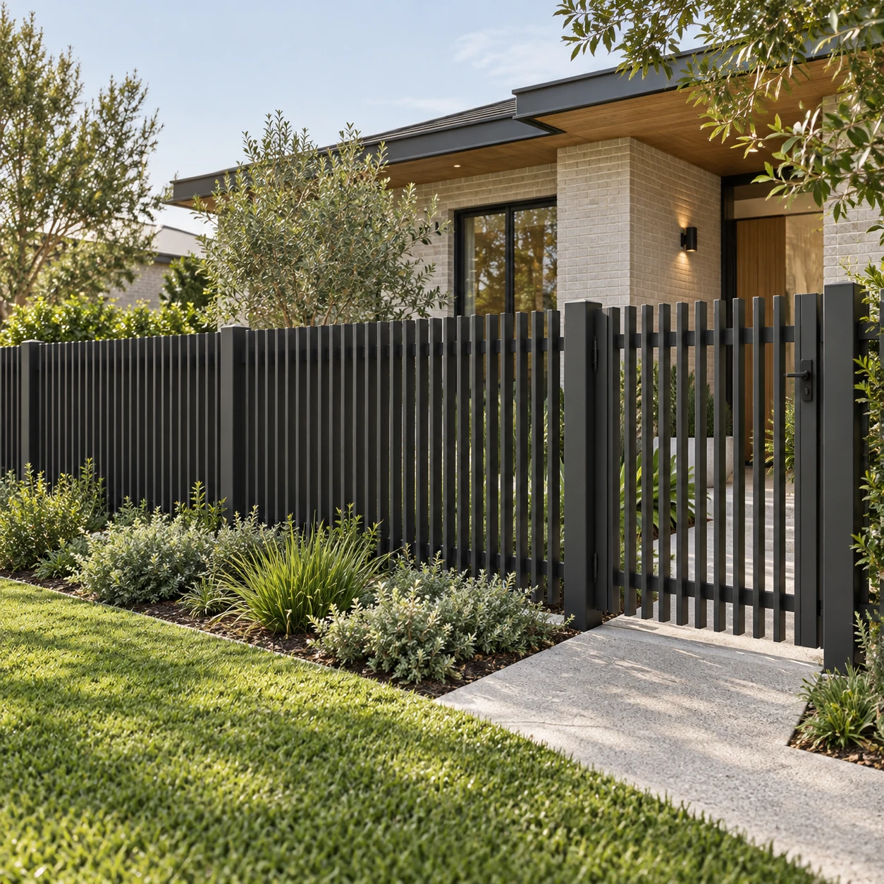 Fine profile blade fence and courtyard entrance with native landscaping