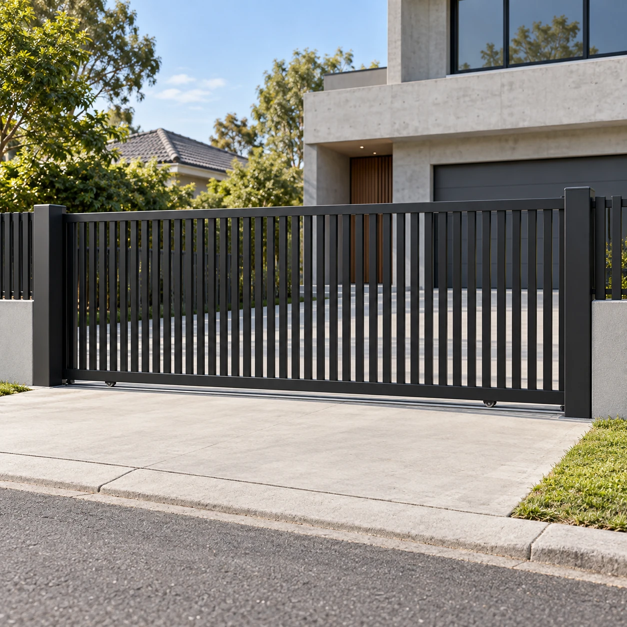 Sliding driveway gate design visualisation with batten infill