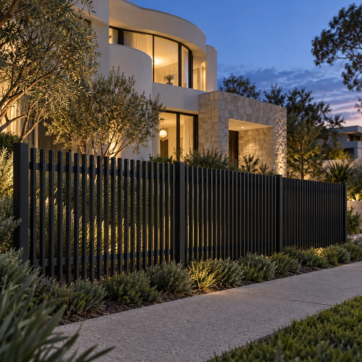 Deep profile blade fence along a landscaped front garden at dusk