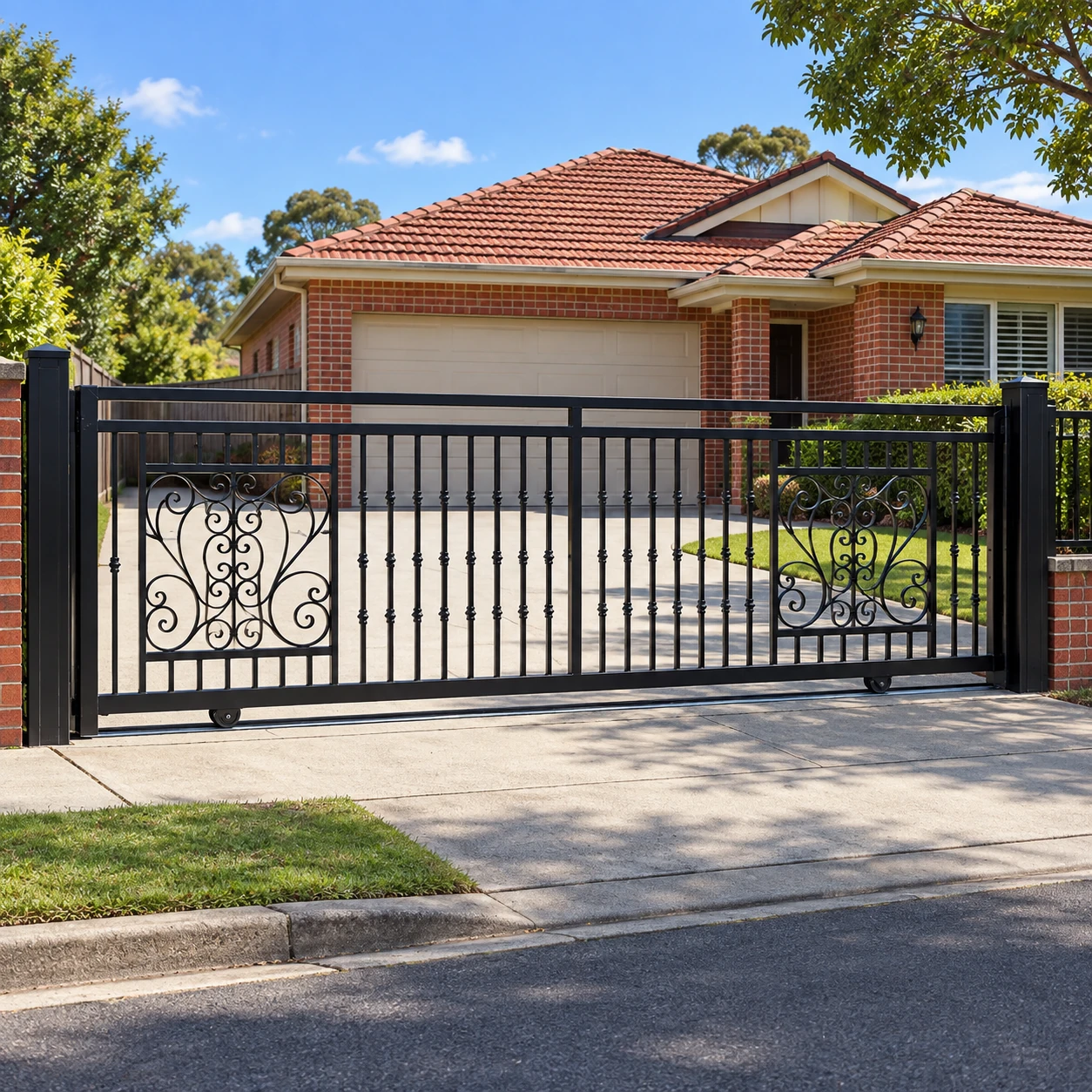 Sliding driveway gate design visualisation with european infill