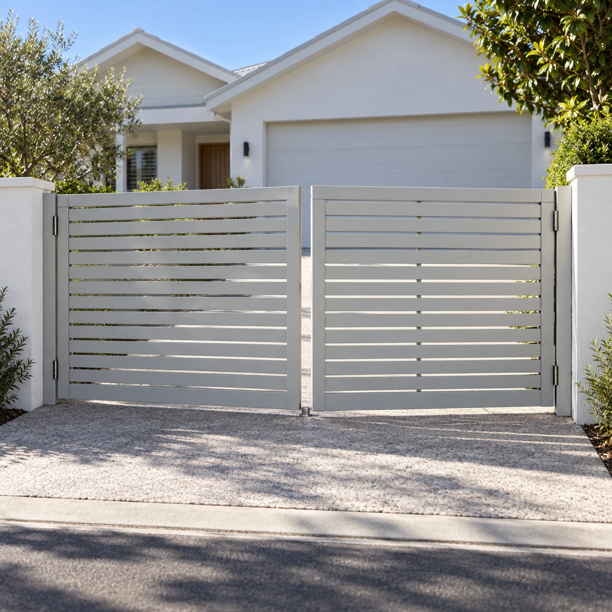 Swing driveway gate design visualisation with slat infill
