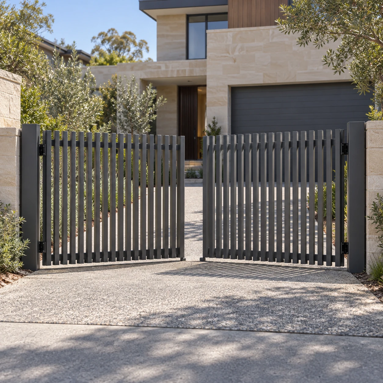 Swing driveway gate design visualisation with blade infill