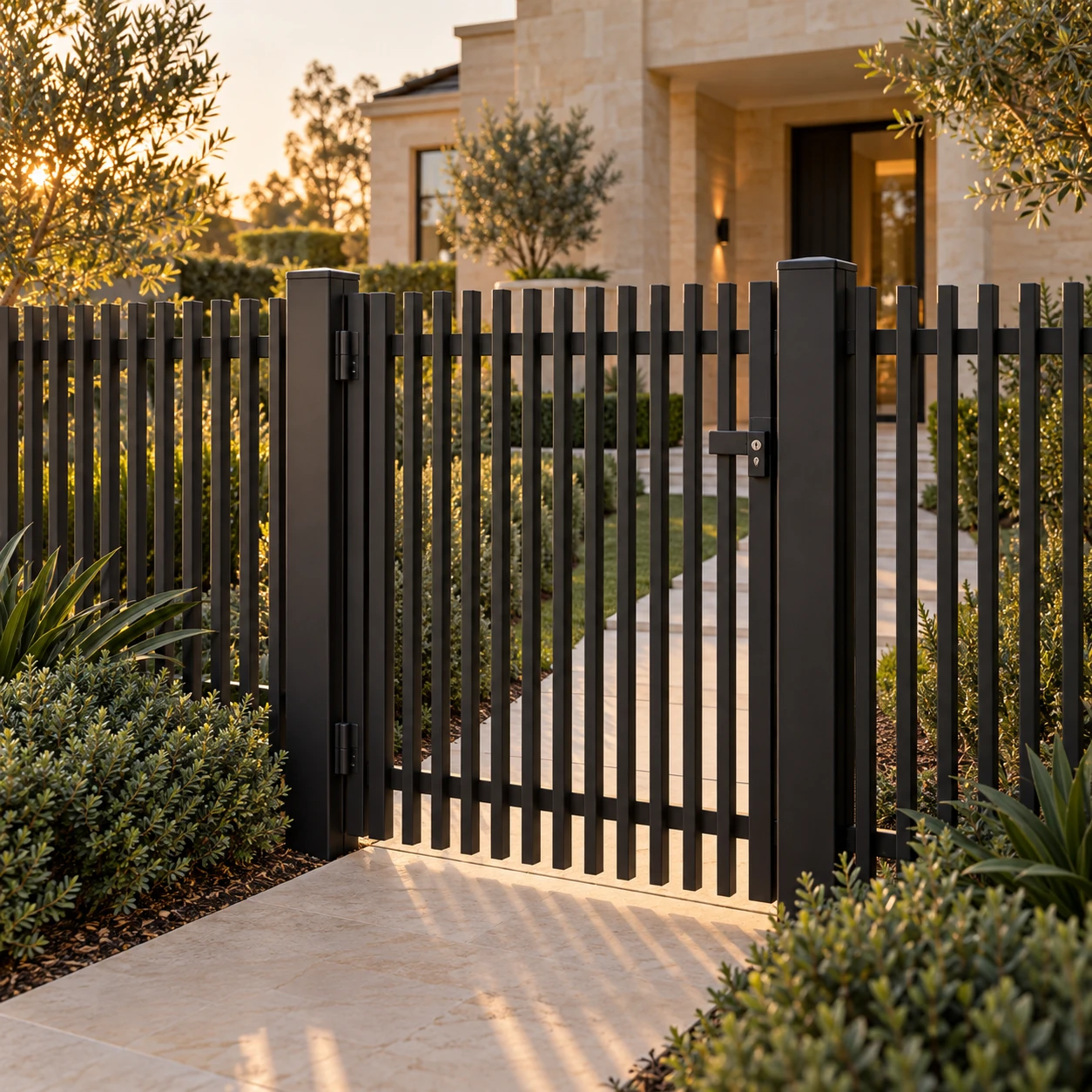 Black pedestrian blade gate with visible hinges and latch beside a brick home