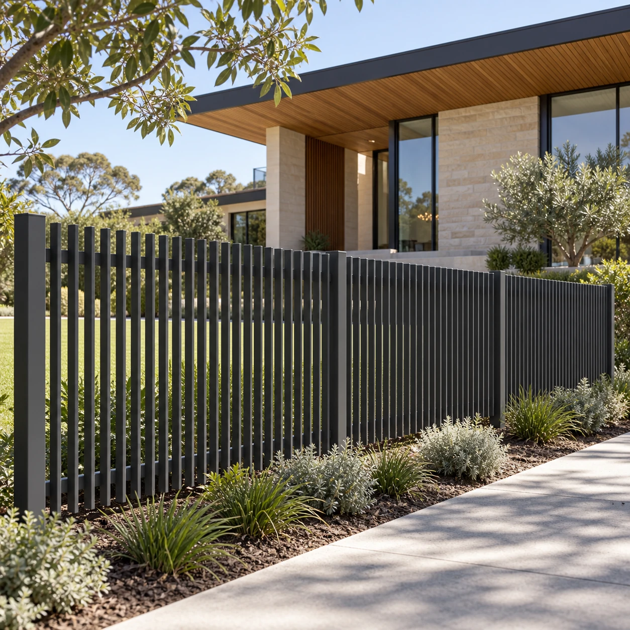 Fine blade fence around a landscaped front garden