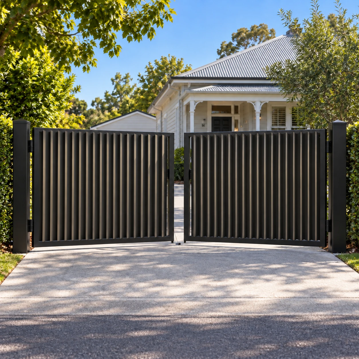 Swing driveway gate design visualisation with louvre infill