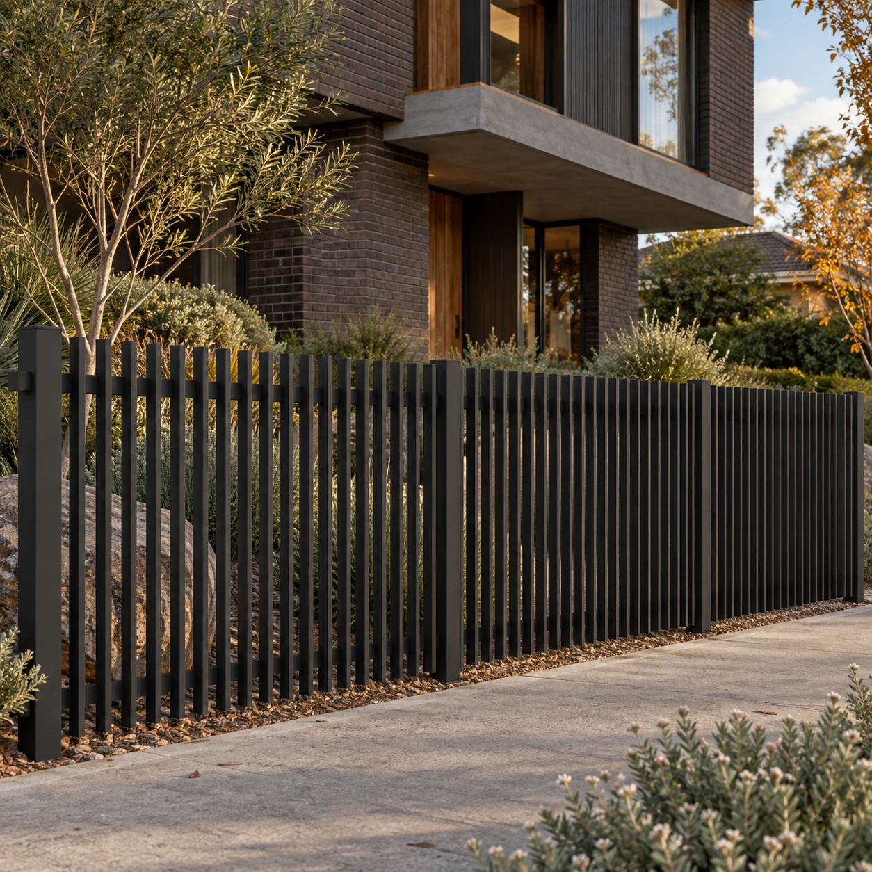 Architectural blade front fence complementing a contemporary brick residence
