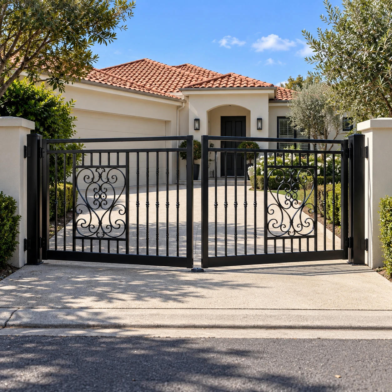 Swing driveway gate design visualisation with european infill