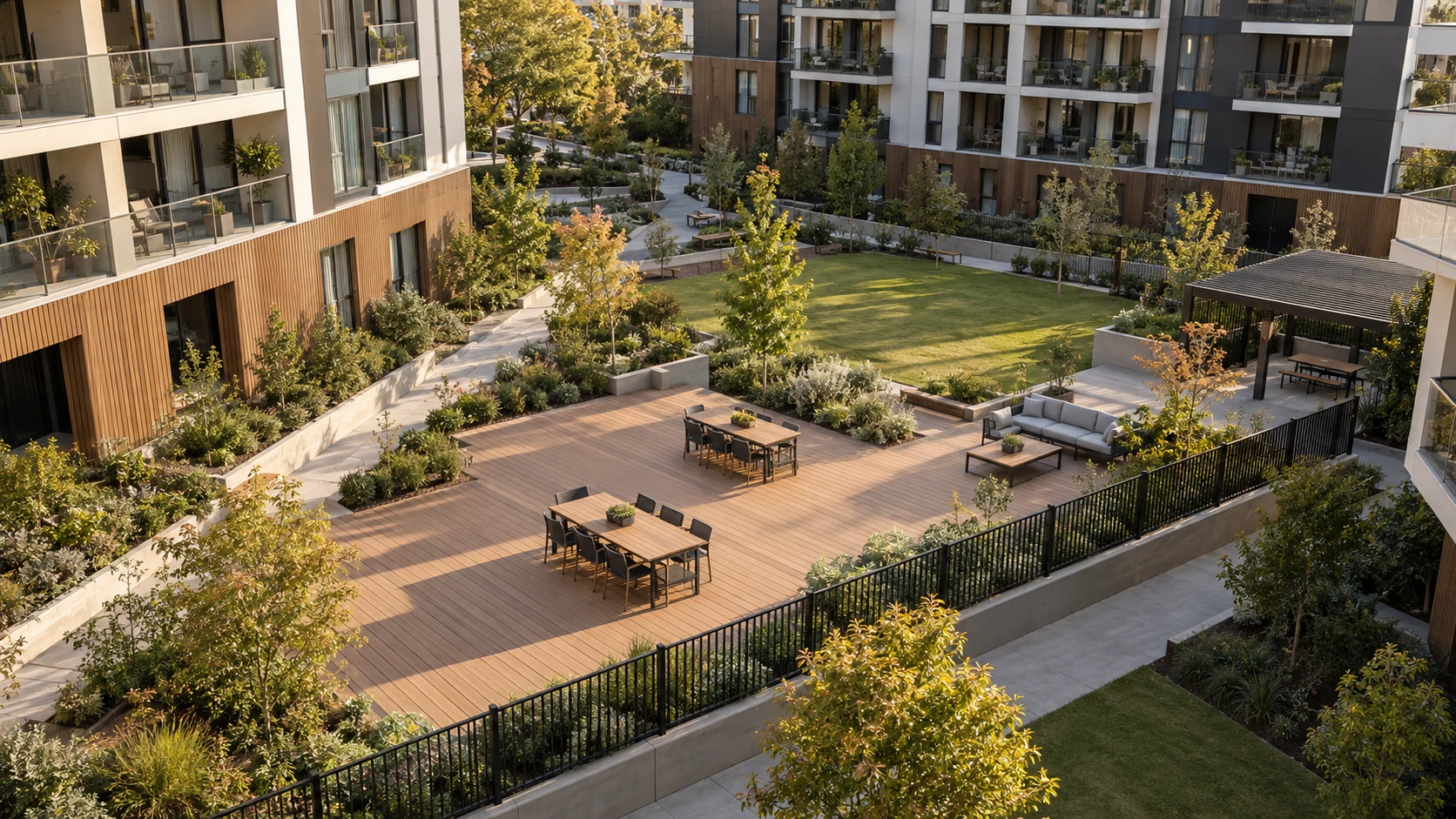 Aerial view of a shared apartment courtyard with composite decking, aluminium fencing and vertical wall cladding