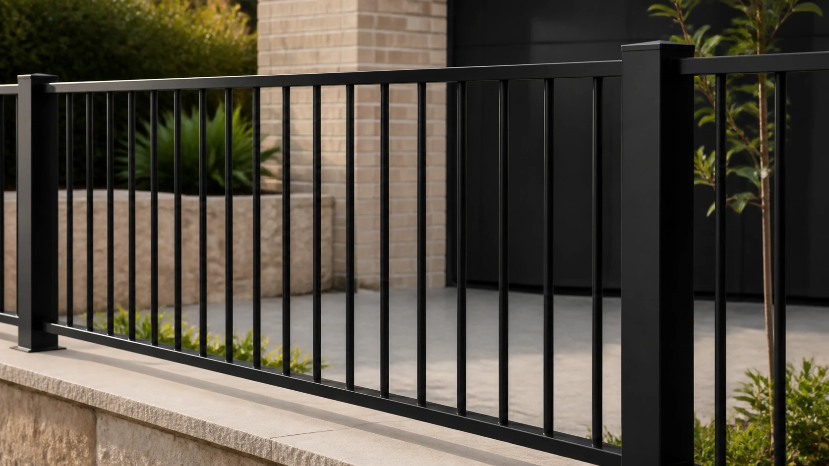 Close view of black flat top aluminium fence rails and vertical tube pickets