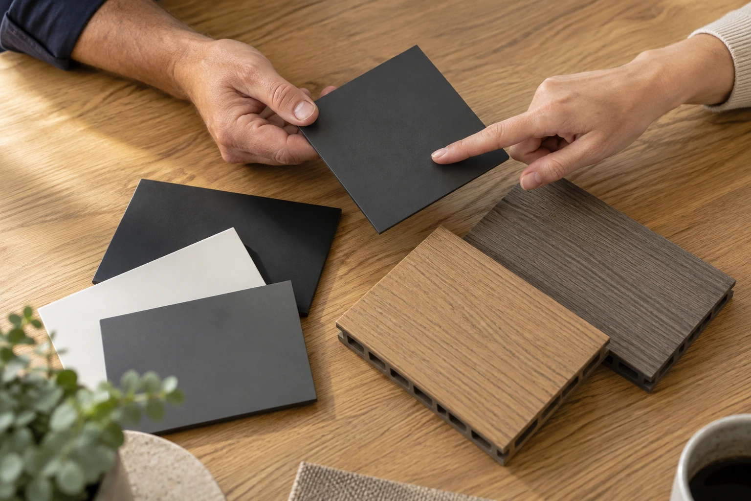 Hands comparing composite decking and powder-coated aluminium samples