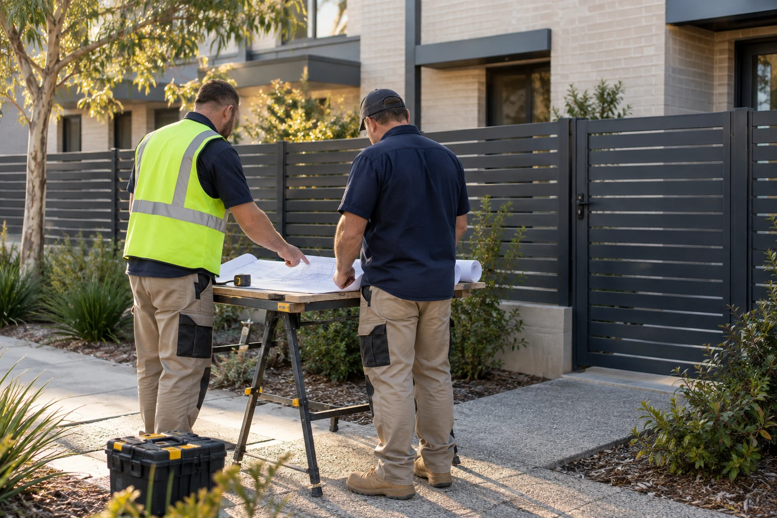 Tradespeople reviewing plans beside a completed aluminium fence