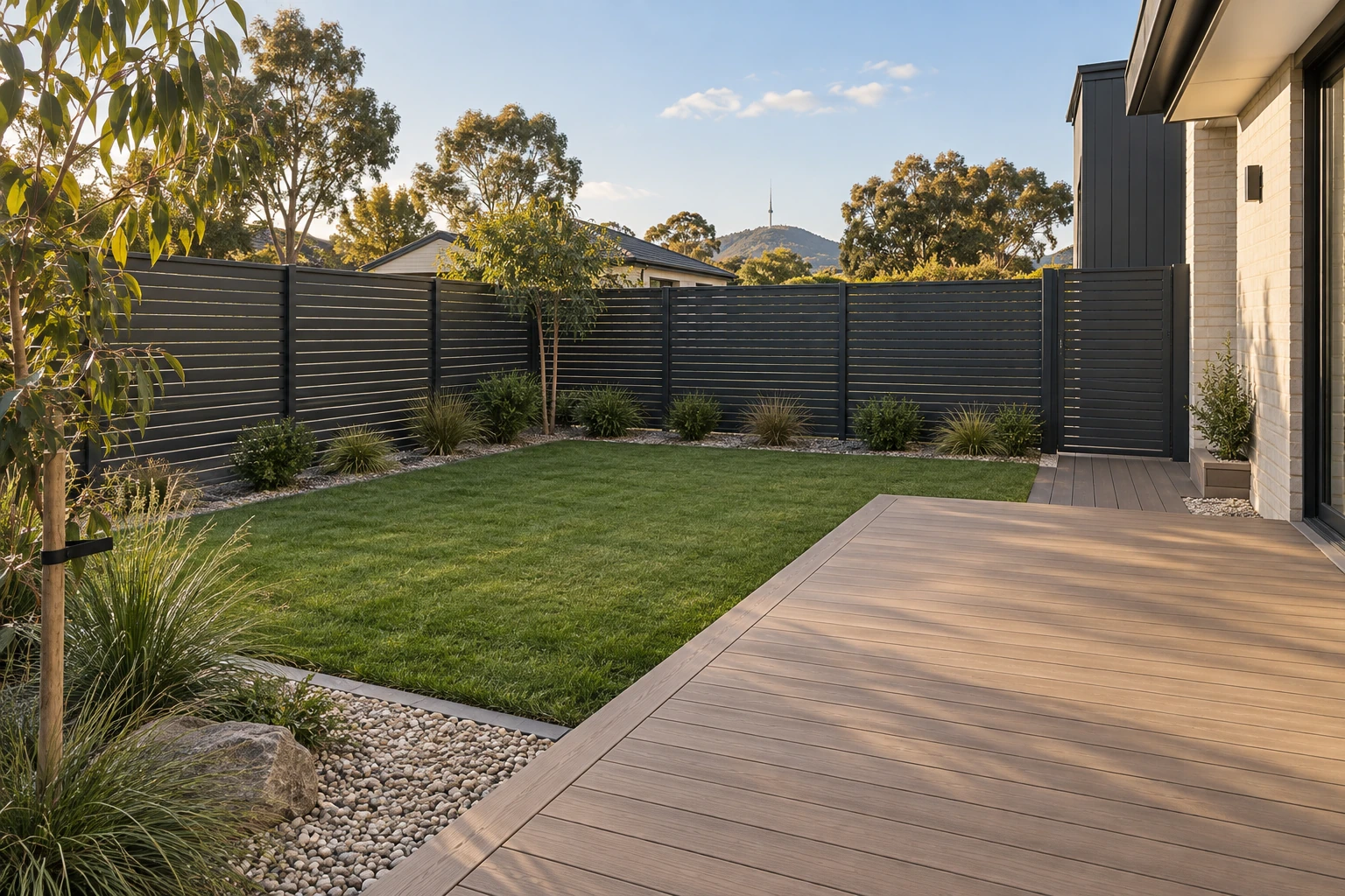 Backyard combining aluminium fencing, composite decking, lawn and decorative stone