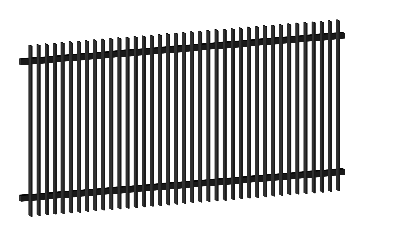 Black aluminium blade fence product model showing vertical pickets